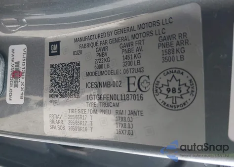 2020 GMC Canyon All Terrain W/Cloth z USA, uszkodzony, nr VIN 1GTG6FEN0L1187016